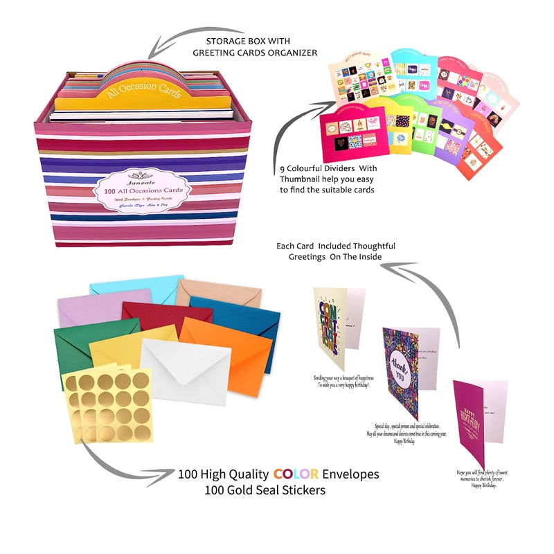Janvale 100 All Occasion Cards Assortment Box with Color Envelopesï¼ŒAll Occasion Cards Set with Greeting Inside, Large 5 x 7 inch Cards with Stickers and Dividers - Image 2